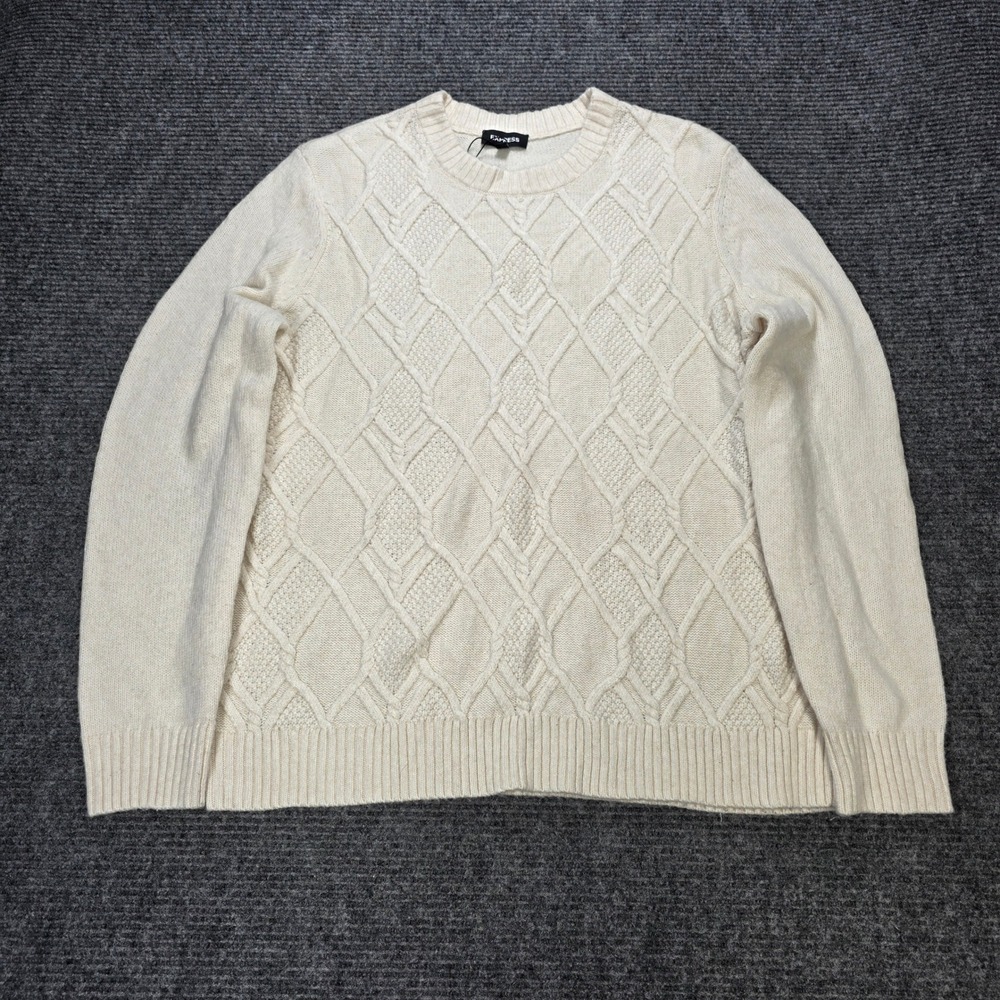 Express Cable Knit Diamond Sweater Women's Size XXL Cream Ivory Crewneck Wool